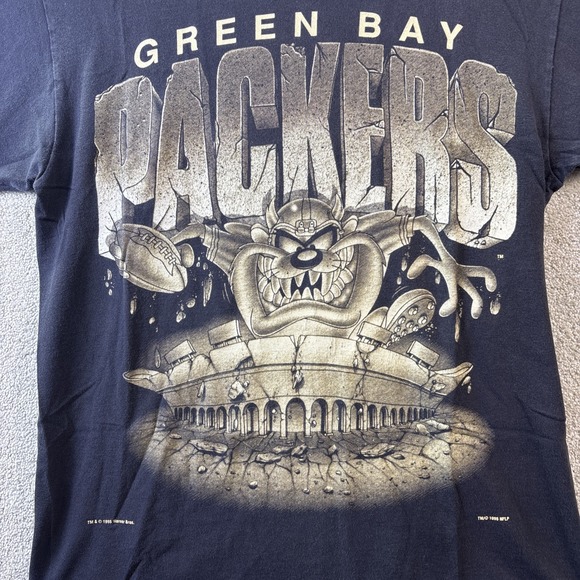 Vintage Green Bay Packers Taz Shirt Men Large Faded Black Looney Tunes 1995 USA - Picture 7 of 12